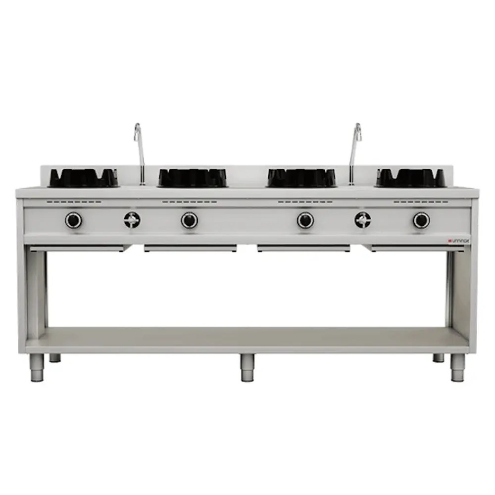 Unninox Wokfornuis | Gas | 4 Branders (4x 15kw) | Waterkranen | Open Onderkast | 2000x600x850/1000(h)mm