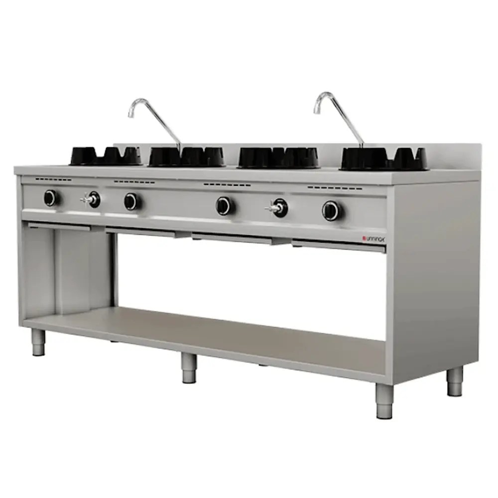Unninox Wokfornuis | Gas | 4 Branders (4x 15kw) | Waterkranen | Open Onderkast | 2000x600x850/1000(h)mm