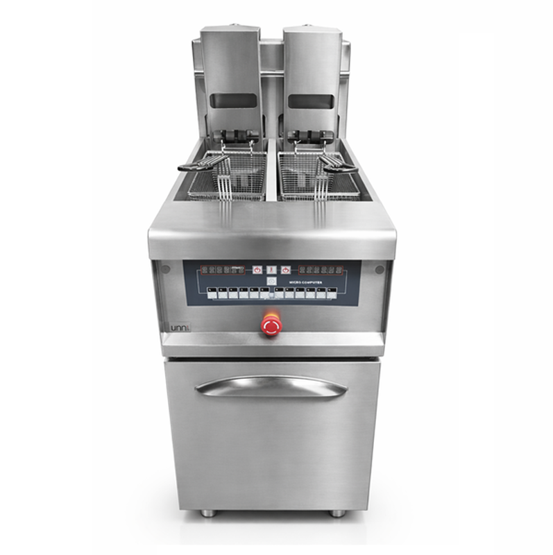 Unni-cooking Automatische Friteuse | Duolift Pro | Elektrisch | 13.5+13.5l | 105°c/190°c | 18kw (400v) | Aftapkranen | Digitaal | Automatische Mandlift | 400x825x920(h)mm