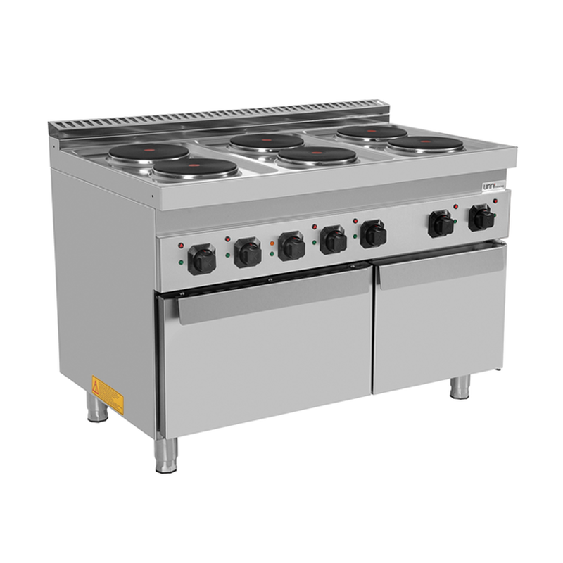 Unni-cooking Fornuis + Oven | 700 Serie | Elektrisch | 6 Kookpunten (ø220) + 1/1 GN Oven | 19.4kw (400v) | Neutraal Vak | 1200x700x850/900(h)mm