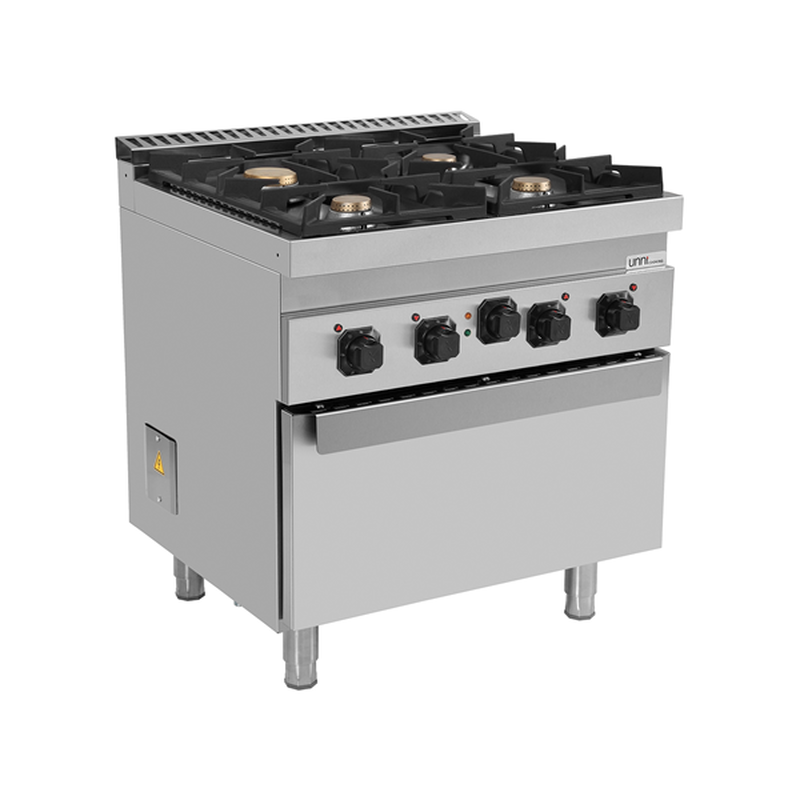 Unni-cooking Fornuis + Oven | 700 Serie | Gas | 4 Branders (3x 6.5kw, 1x 9kw) + 1/1 GN Oven (3.8kw - 400v) | Waakvlam | 800x700x850/900(h)mm