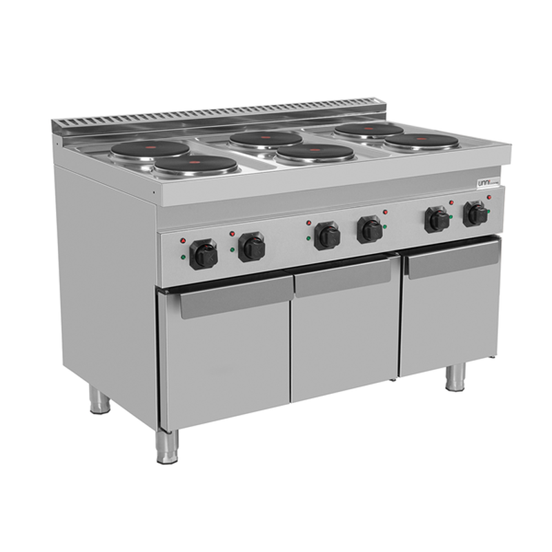 Unni-cooking Fornuis | 700 Serie | Elektrisch | 6 Kookpunten (ø220) | 15.6kw (400v) | 3 Neutrale Vakken | 1200x700x850(h)mm