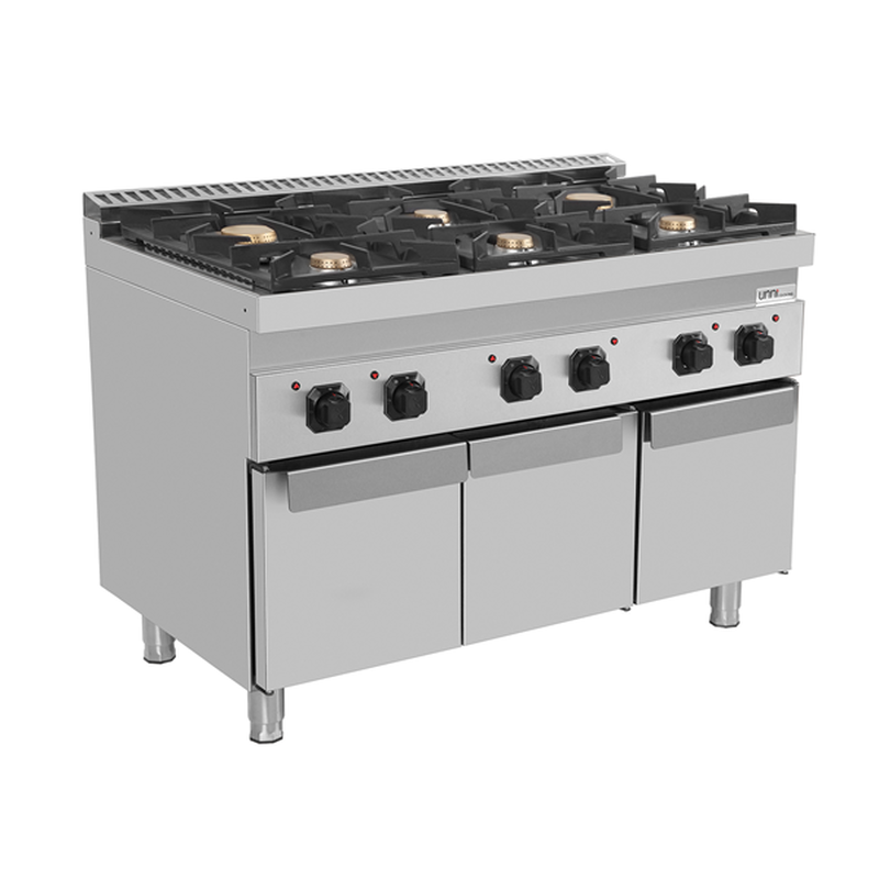 Unni-cooking Fornuis | 700 Serie | Gas | 6 Branders (4x 6.5kw, 2x 9kw) | Waakvlam | 3 Neutrale Vakken | 1200x700x800/900(h)mm
