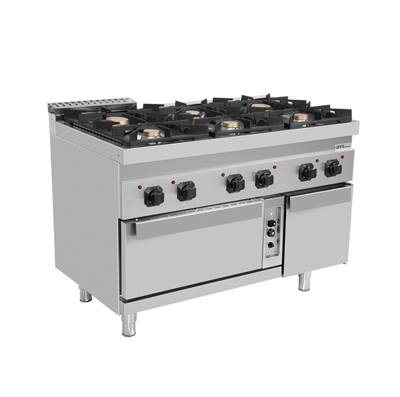Unni-cooking Fornuis + Oven | 700 Serie | Gas | 6 Branders (3x 6.5kw, 3x 9kw) + 2/1 GN Oven (6.5kw) | Waakvlam/piëzo | Neutraal Vak | 1200x700x850/900(h)mm