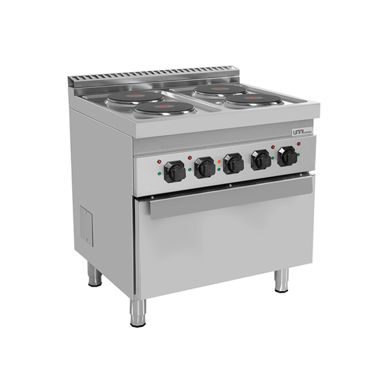 Unni-cooking Fornuis + Oven | 700 Serie | Elektrisch | 4 Kookpunten (ø220) + 1/1 GN Oven | 14.2kw (400v) | 800x700x850(h)mm