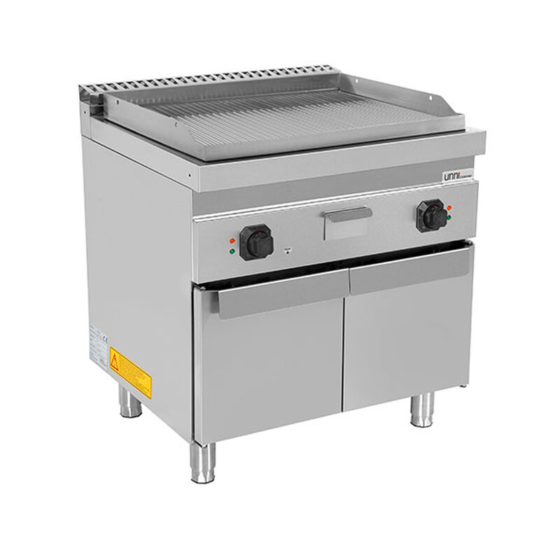 Unni-cooking Bak-/grillplaat | 700 Serie | Elektrisch | Gegroefd Oppervlak 740x565 (rvs) | 100°c/300°c | 9kw (400v) | Gesloten Onderkast | 800x700x850/900(h)mm