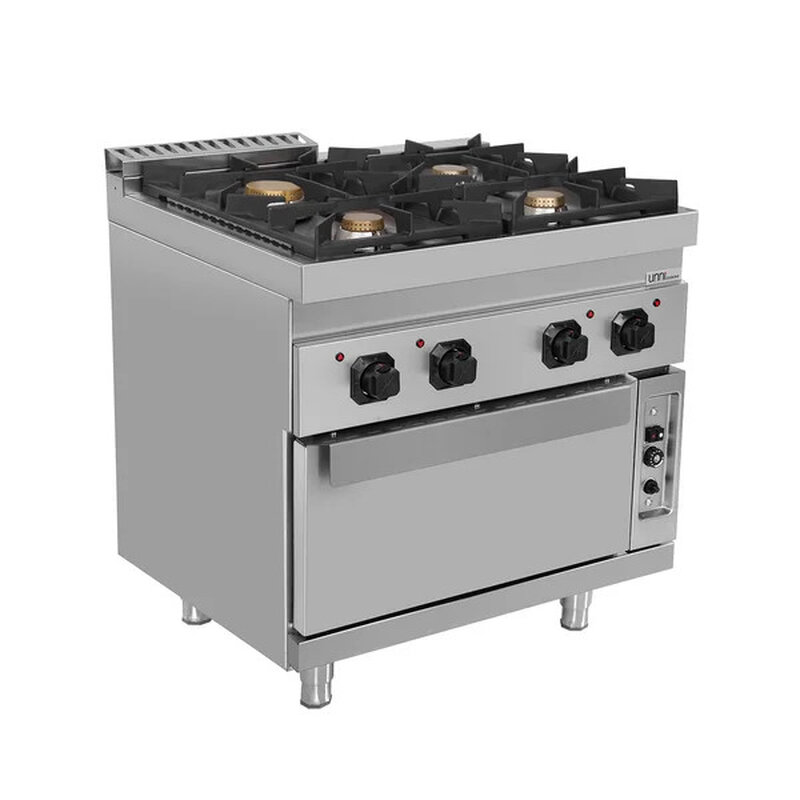 Unni-cooking Fornuis + Oven | 700 Serie | Gas | 4 Branders (3x 6.5kw, 1x 9kw) + 2/1 GN Oven (6.5kw) | Waakvlam/piëzo | 8000x700x850/900(h)mm