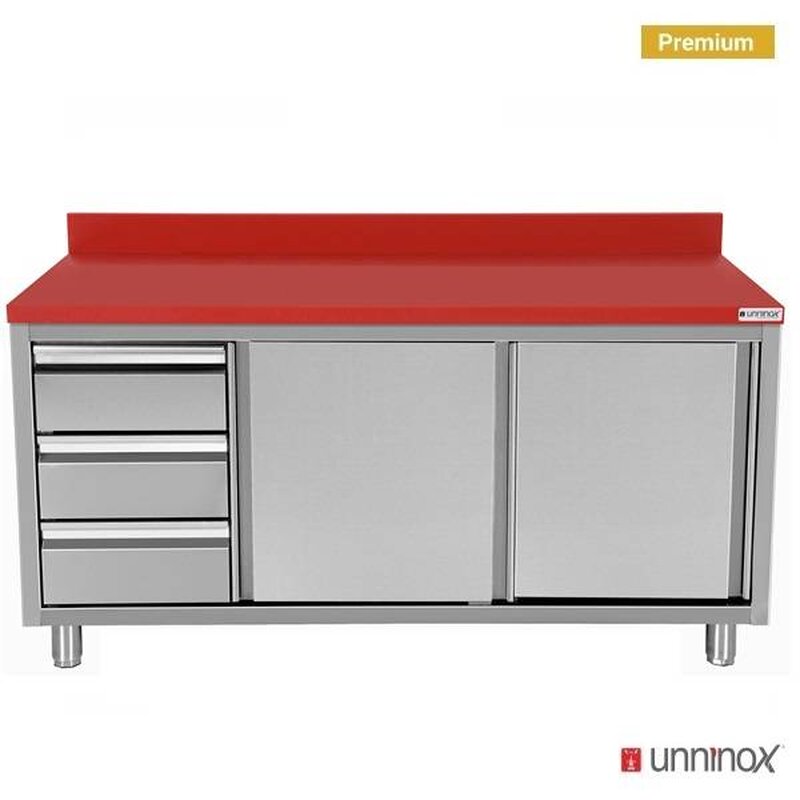 Unninox Snijwerktafel | Rvs/polyethyleen | Schuifdeuren + Laden (links) | Diepte 700 | Hoogte 850/900 | Breedte 1200 | Achteropstand