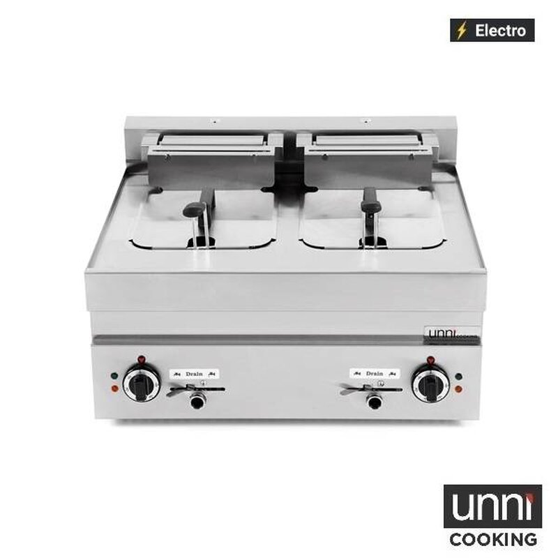 Unni-cooking Horeca Friteuse | 650 Serie | Elektrisch | 10+10l | 100°c/180°c | 15kw (400v) | Aftapkranen | 700x650x350/540(h)mm