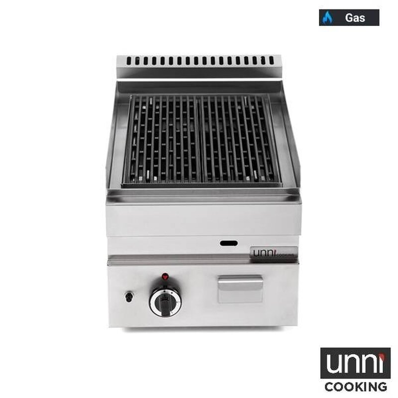 Unni-cooking Lavasteengrill | 650 Serie | Gas | Oppervlak 330x500 (gietijzer) | 80°c/300°c | 5.5kw | Piëzo Ontsteking | 400x650x300/540(h)mm