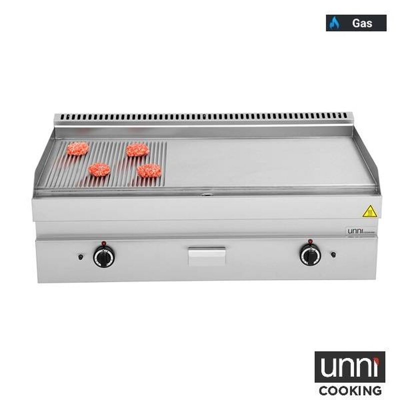 Unni-cooking Bak-/grillplaat | 650 Serie | Gas | Glad/gegroefd Oppervlak 1100x550 (rvs) | 80°c/300°c | 12kw | Piëzo Ontsteking | 1100x650x300/540(h)mm