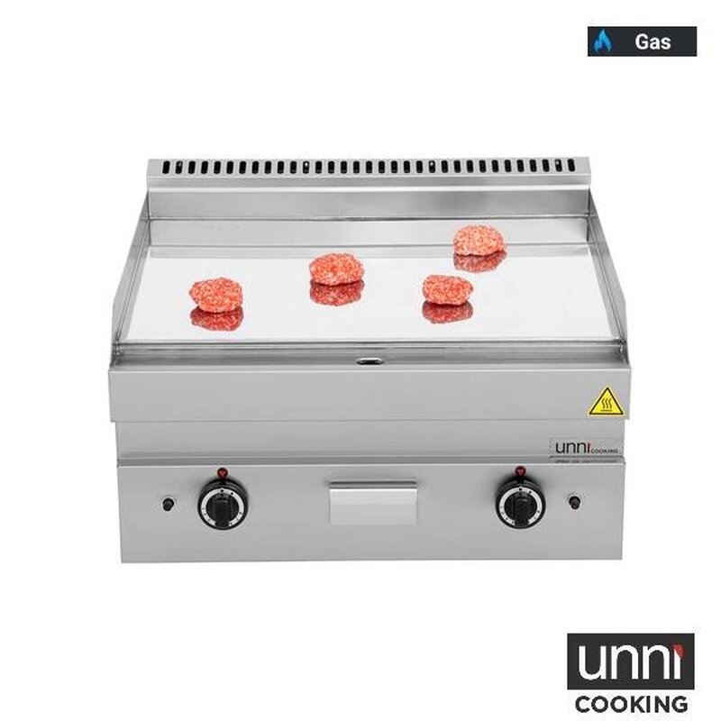 Unni-cooking Bak-/grillplaat | 650 Serie | Gas | Glad Oppervlak 700x550 (verchroomd) | 80°c/300°c | 11.5kw | Piëzo Ontsteking | 700x650x300/540(h)mm