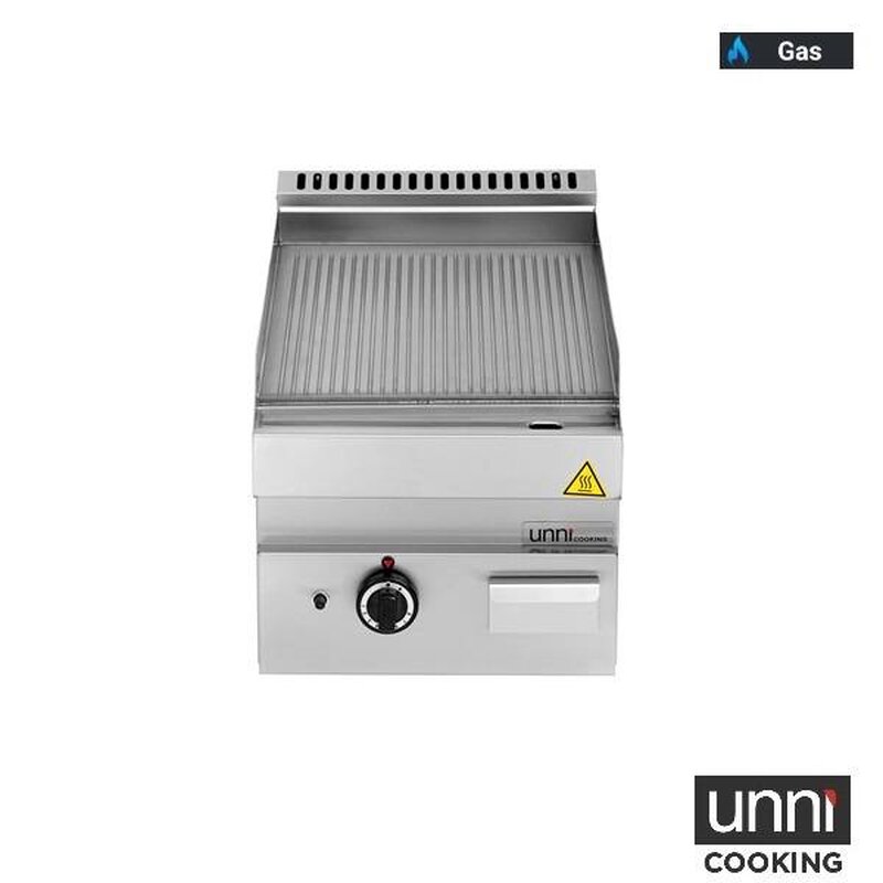 Unni-cooking Bak-/grillplaat | 650 Serie | Gas | Gegroefd Oppervlak 400x550 (rvs) | 80°c/300°c | 5.7kw | Piëzo Ontsteking | 400x650x300/540(h)mm