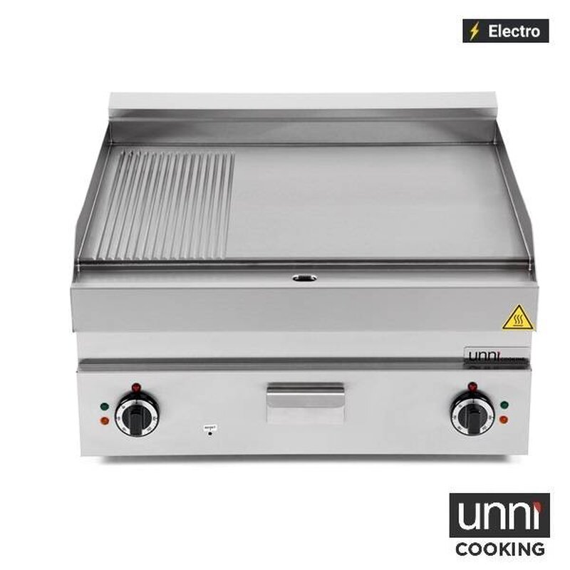Unni-cooking Bak-/grillplaat | 650 Serie | Elektrisch | Glad/gegroefd Oppervlak 700x550 (rvs) | 50°c/300°c | 9kw (400v) | 700x650x300/540(h)mm