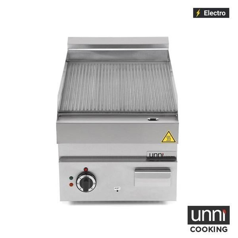 Unni-cooking Bak-/grillplaat | 650 Serie | Elektrisch | Gegroefd Oppervlak 400x550 (rvs) | 50°c/300°c | 4.5kw (400v) | 400x650x300/540(h)mm