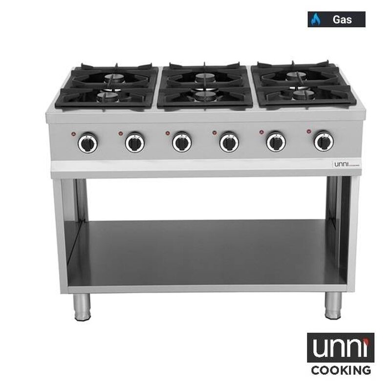 Unni-cooking Fornuis | Gas | 6 Branders (6x 6.5kw) | Waakvlam | Open Onderkast | 1100x700x850(h)mm