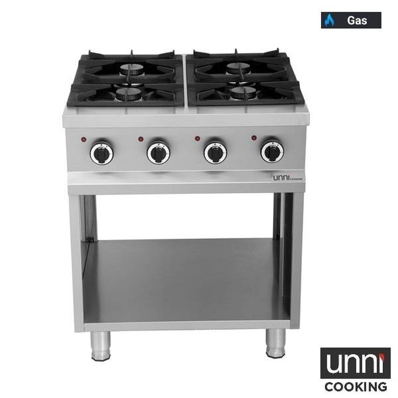 Unni-cooking Fornuis | Gas | 4 Branders (4x 6.5kw) | Waakvlam | Open Onderkast | 700x700x850(h)mm