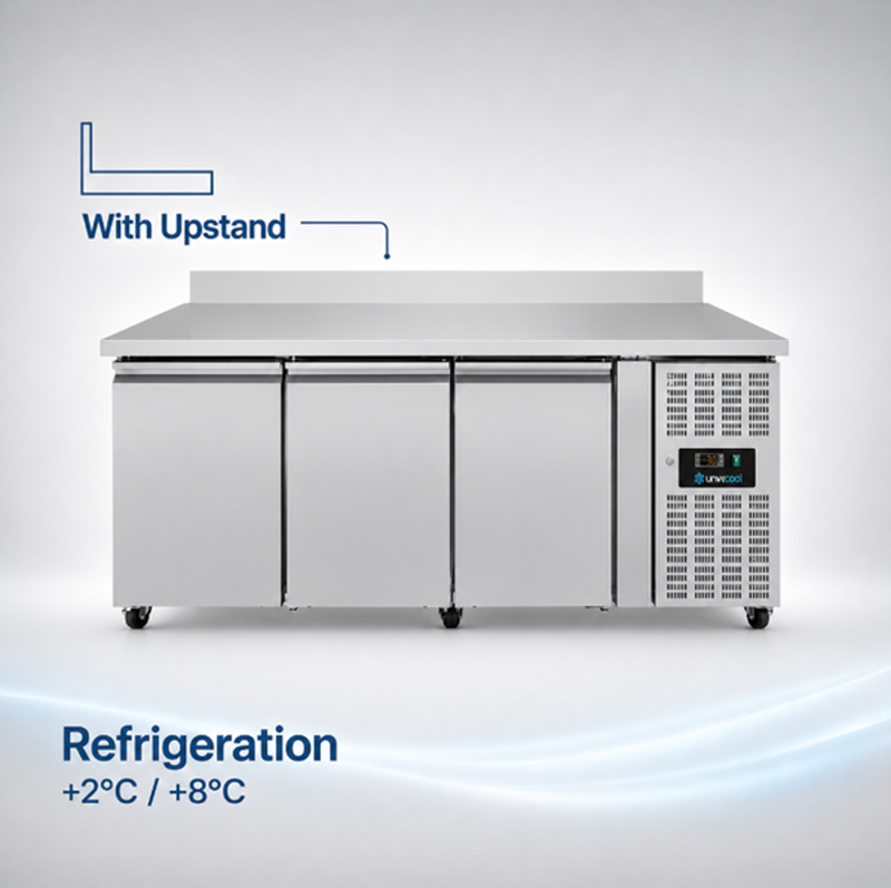 Unnicool Koelwerkbank | 417l | 3 Deuren (1/1 Gn) | +2°c/+8°c | Geforceerd | Achteropstand | Wielen (geremd) | 1795x700x850/950(h)mm