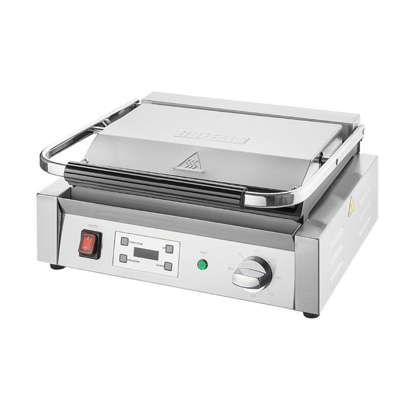 Buffalo Contact-/paninigrill | Bistro | Enkel XL | Glad/gegroefd Oppervlak (gietijzer) | 50°c/300°c | 2.5kw (230v) | Timer | 430x310x200(h)mm