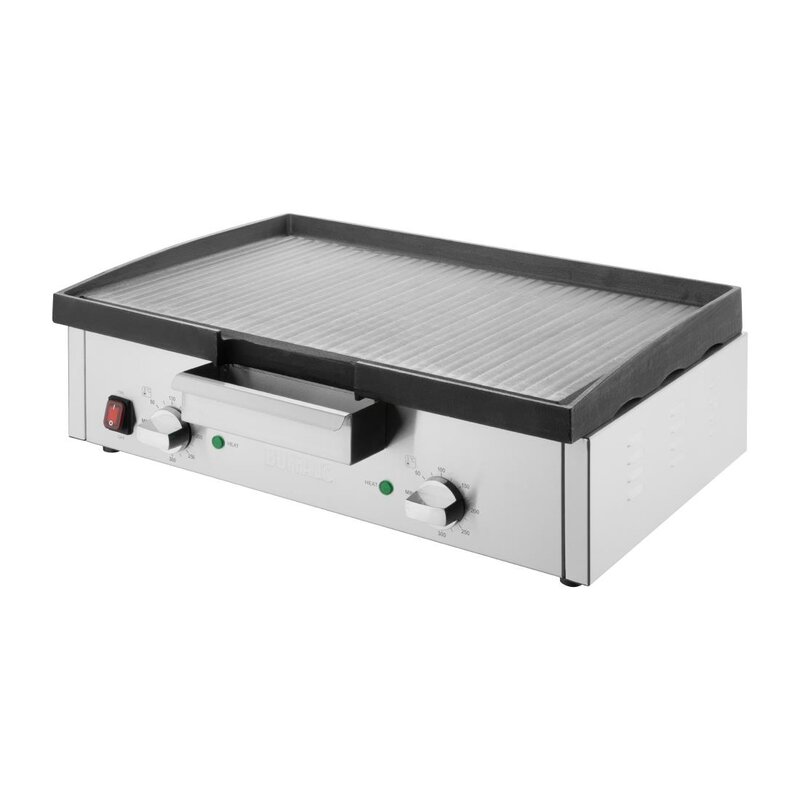 Buffalo Bak-/grillplaat | Elektrisch | Gegroefd Oppervlak 555x264 (gietijzer) | 50°c/300°c | 3kw (230v) | Timer | 615x466x207(h)mm