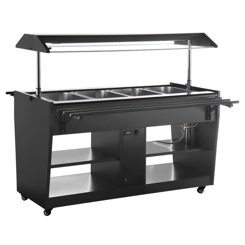 Buffalo Verwarmd Buffet | Zwart | 4x 1/1 GN | 30°c/90°c | Bain-marie | Liftkap (verlicht) | Wielen (geremd) | 1058x740x1356(h)mm
