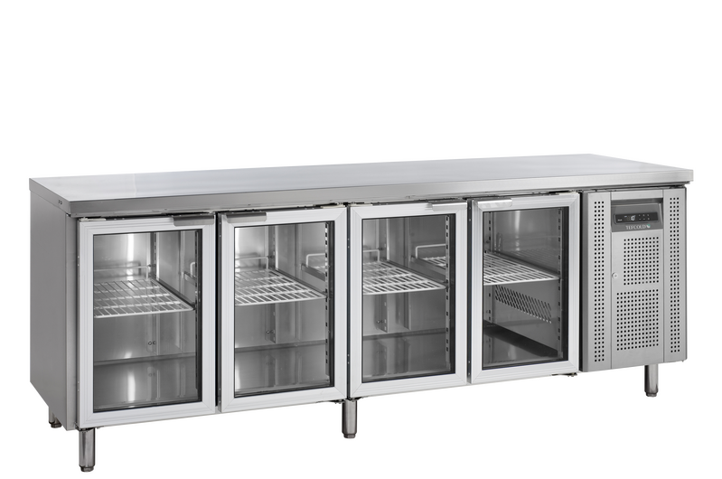 Tefcold Koelwerkbank | 553l | 4 Glasdeuren (1/1 Gn) | +2°c/+10°c | Geforceerd | 0.3kw | Werkblad Afneembaar | 2230x700x880(h)mm