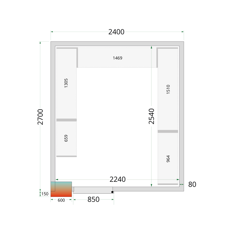 Tefcold Koelcel | Cr-serie | Incl. Motor | 11.6m³ | 0°c/+8°c | Isolatie 80mm | 230v | 2400x2700x2200(h)mm
