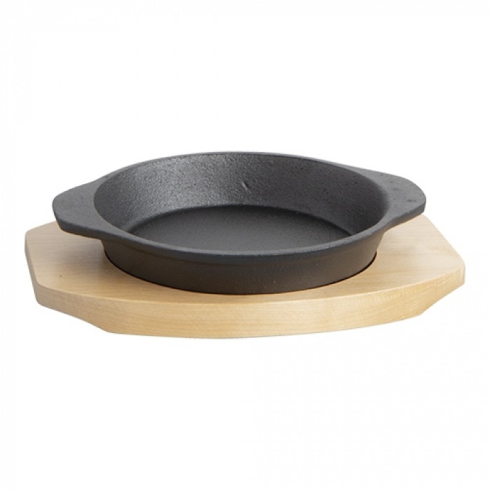 Emga Serveer Bistropan | Gietijzeren Pan (ø140mm) | Houten Onderbord | 200x150x45(h)mm