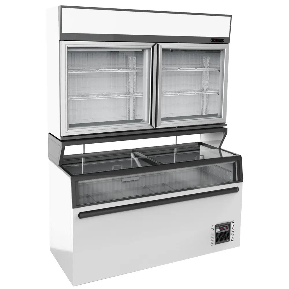 Combisteel Wandvriezer | Wit | -18°c | Geforceerd | 3 Schappen | 1.38kw | Schuifdeksels + Glasdeuren | 1454x890x2000(h)mm