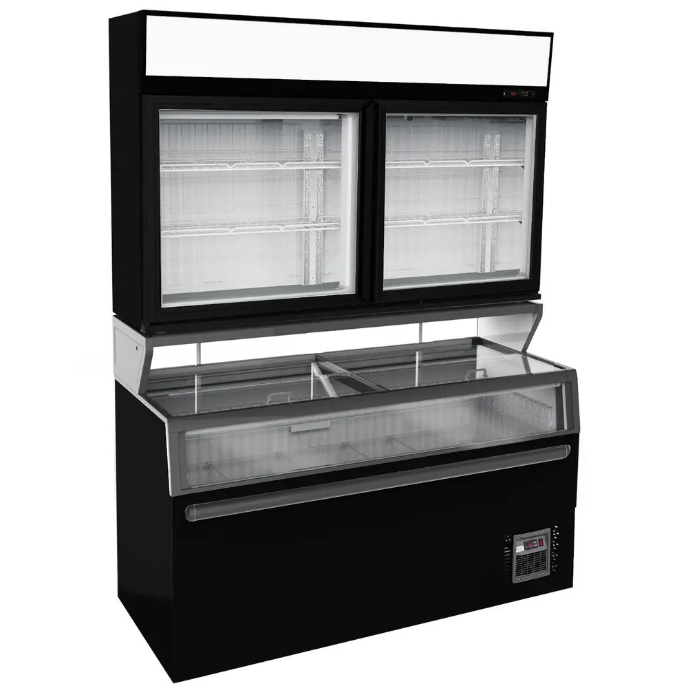 Combisteel Wandvriezer | Zwart | -18°c | Geforceerd | 3 Schappen | 1.38kw | Schuifdeksels + Glasdeuren | 1454x890x2000(h)mm