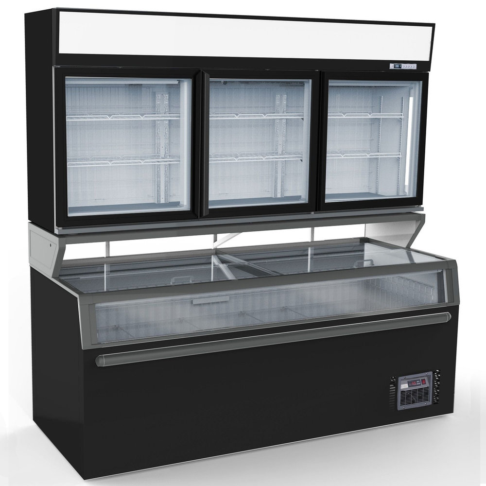 Combisteel Wandvriezer | Zwart | -18°c | Geforceerd | 3 Schappen | 1.29kw | Schuifdeksels + Glasdeuren | 2104x890x2110(h)mm