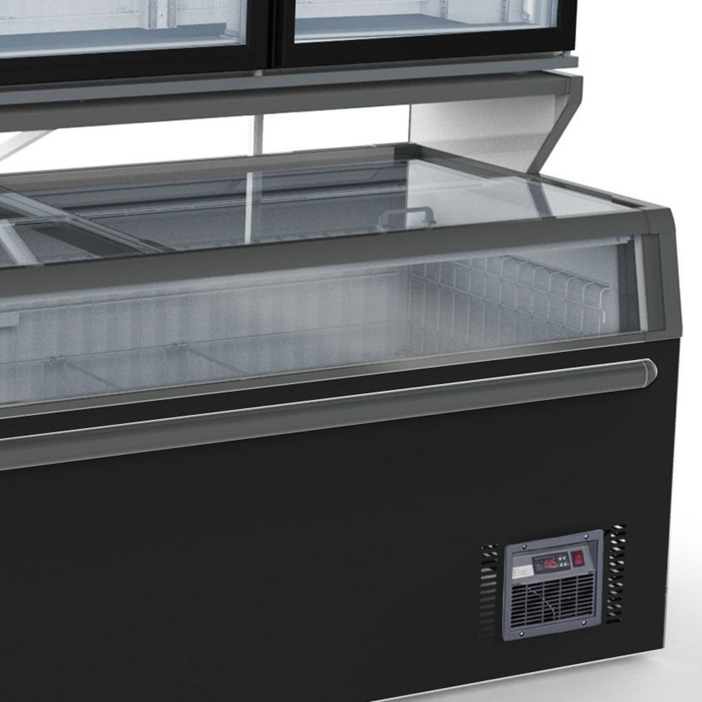 Combisteel Wandvriezer | Zwart | -18°c | Geforceerd | 3 Schappen | 1.29kw | Schuifdeksels + Glasdeuren | 2104x890x2110(h)mm
