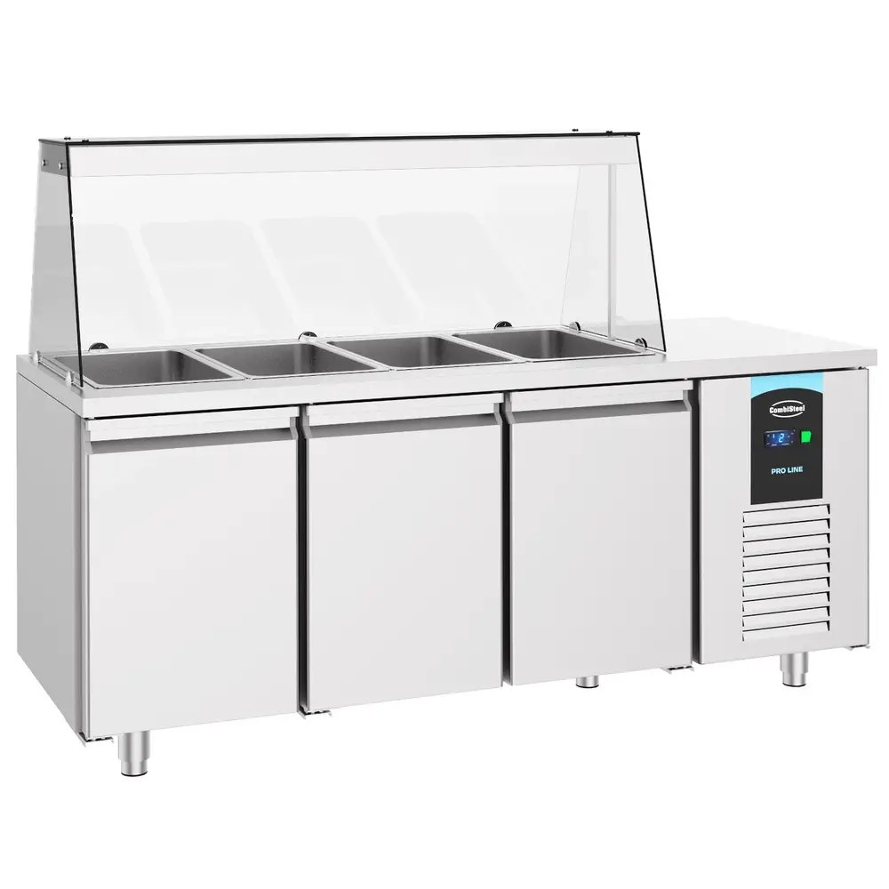 Combisteel Saladette | Pro Line | 474l | 3 Deuren (1/1 Gn) | Boven 4x 1/1 GN | -2°c/+8°c | Geforceerd | Glasopzet | 1865x700x850/1375(h)mm