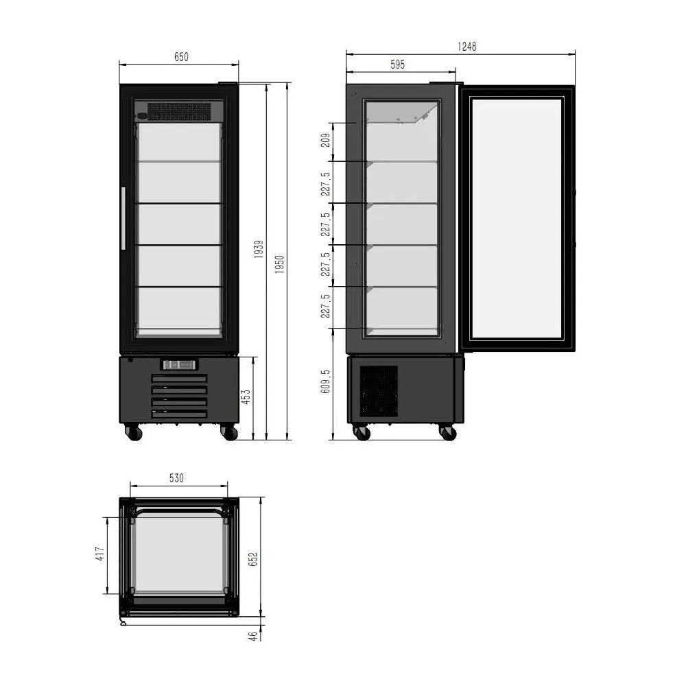 Combisteel Gebaksvitrine | 400l | Zwart | +2°c/+8°c | Geforceerd | 6 Niveaus | Wielen (geremd) | 650x650x1950(h)mm