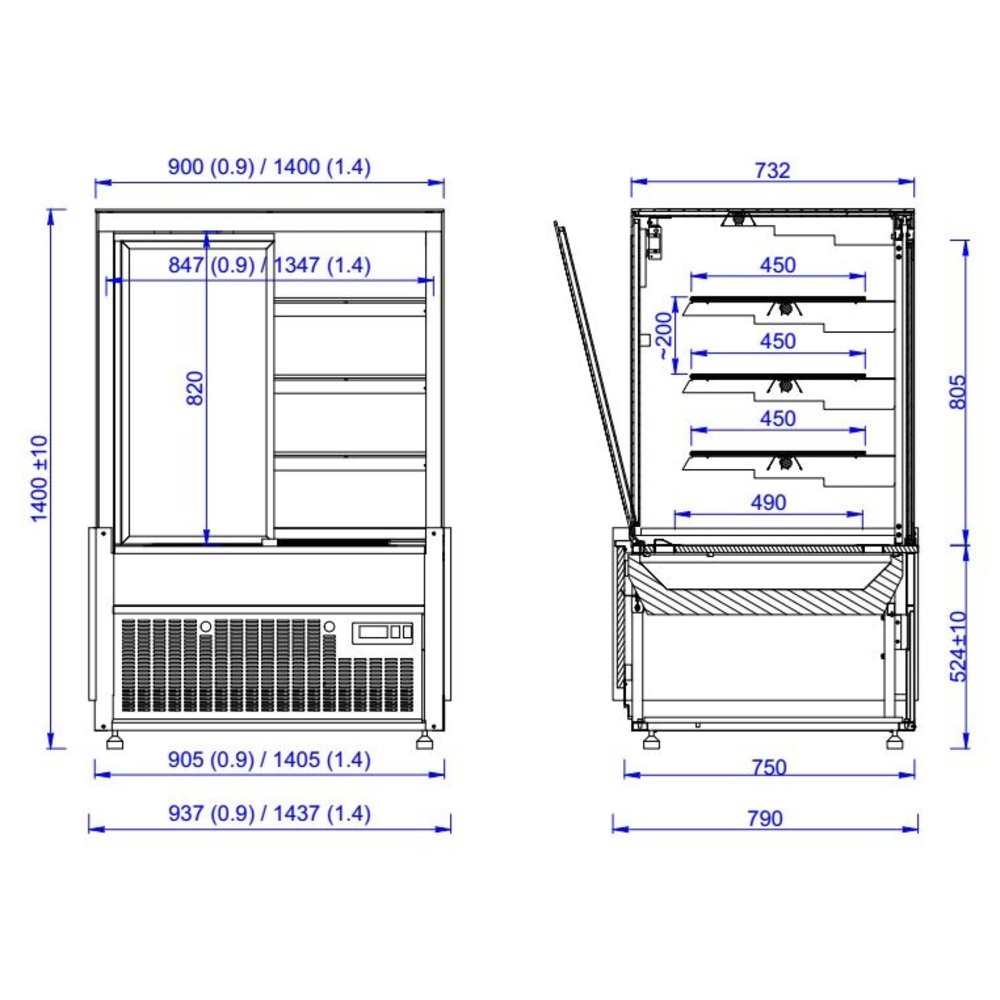 Combisteel Koelvitrine | 420l | Zwart | +4°c/+12°c | 4 Schappen | 937x800x1400(h)mm