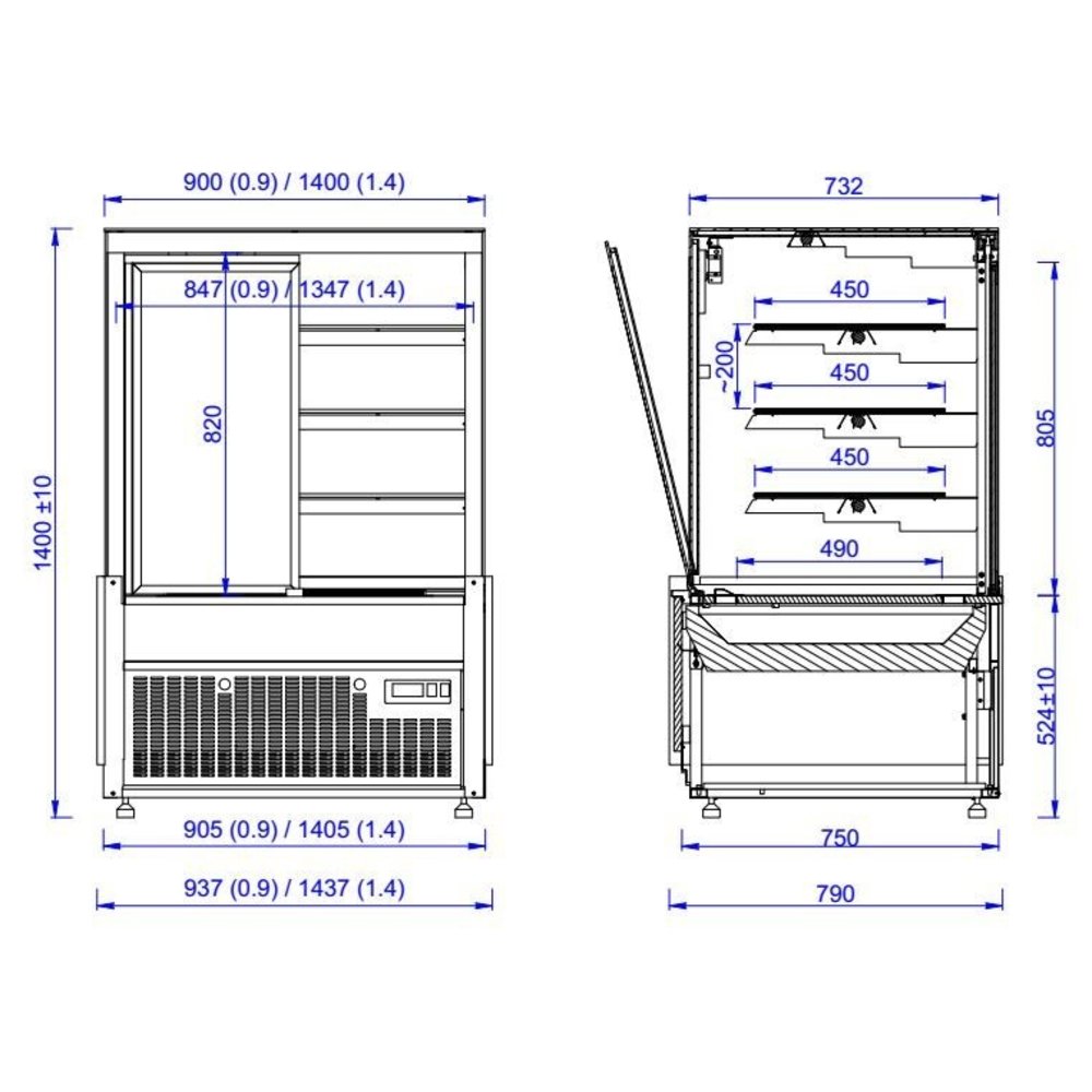 Combisteel Koelvitrine | 630l | Zwart | +4°c/+12°c | 4 Schappen | 1437x800x1400(h)mm