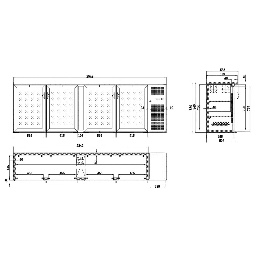 Combisteel Barkoeler Zwart | 698l | 4 Glasdeuren | 230v | Geforceerd | 2542x535x860(h)mm