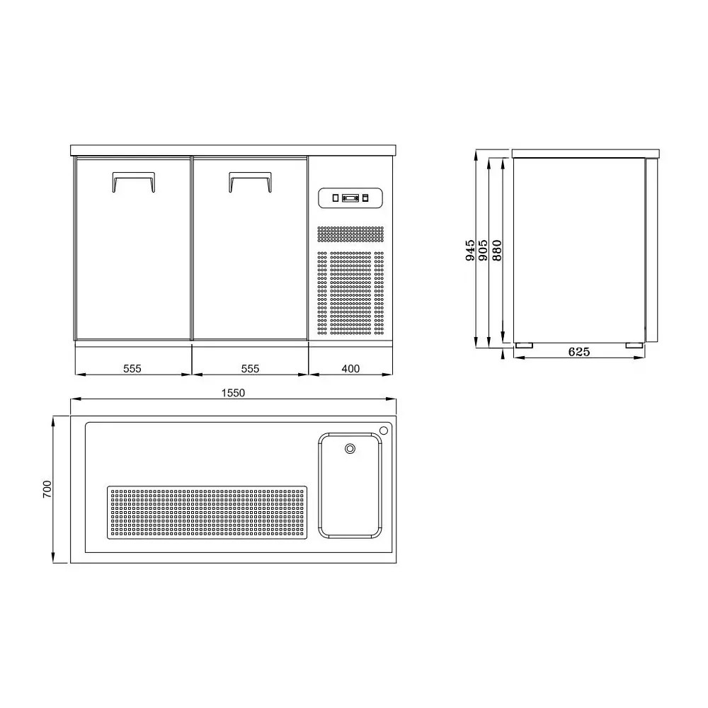 Combisteel Vatenkoeler | Pro Line | Rvs | 2 Deuren | -2°c/+8°c | Geforceerd | Spoelbak (rechts) | 1550x700x950(h)mm