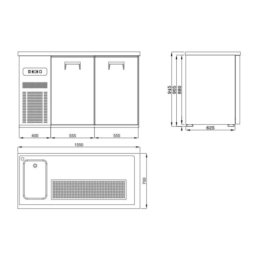 Combisteel Vatenkoeler | Pro Line | Rvs | 2 Deuren | -2°c/+8°c | Geforceerd | Spoelbak (links) | 1550x700x950(h)mm