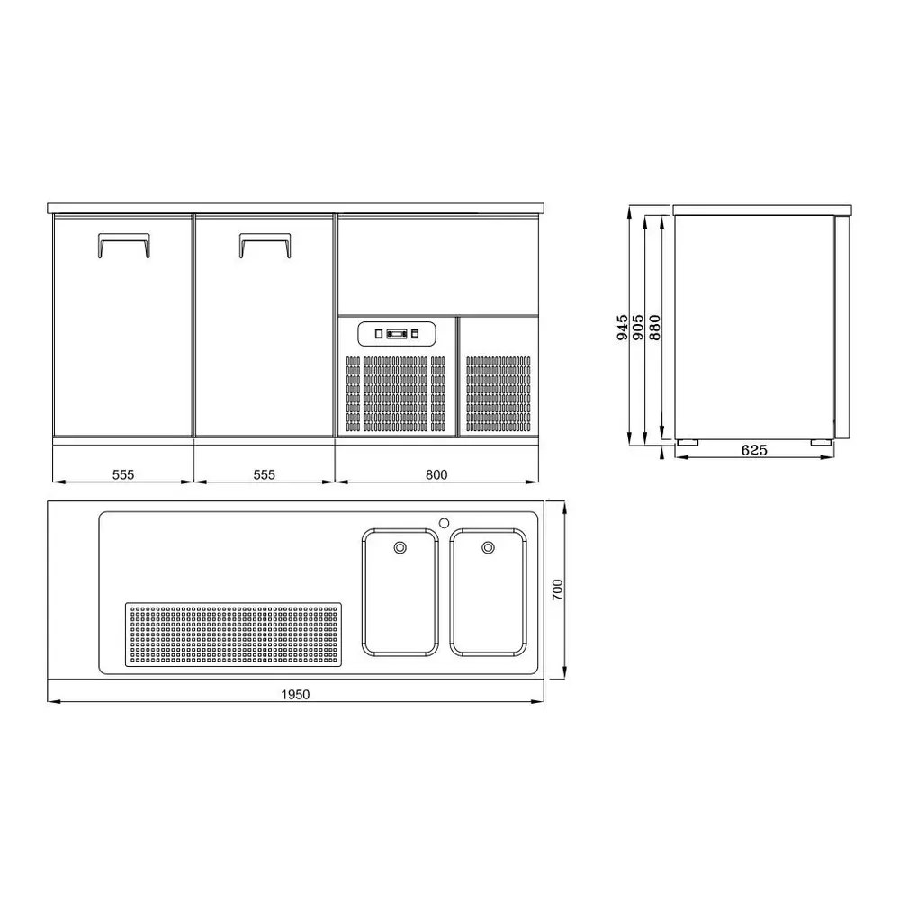 Combisteel Vatenkoeler | Pro Line | Rvs | 2 Deuren | -2°c/+8°c | Geforceerd | 2 Spoelbakken (rechts) | 1950x700x950(h)mm