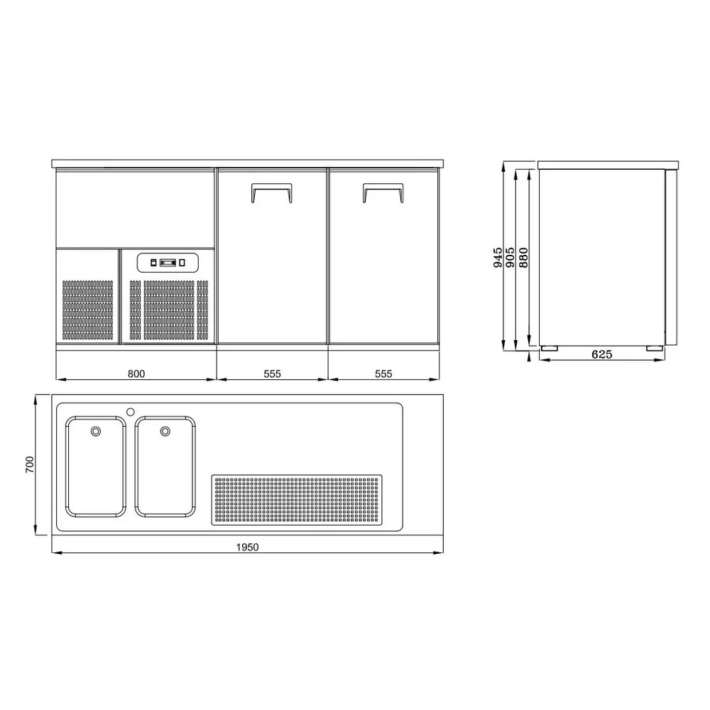 Combisteel Vatenkoeler | Pro Line | Rvs | 2 Deuren | -2°c/+8°c | Geforceerd | 2 Spoelbakken (links) | 1950x700x950(h)mm