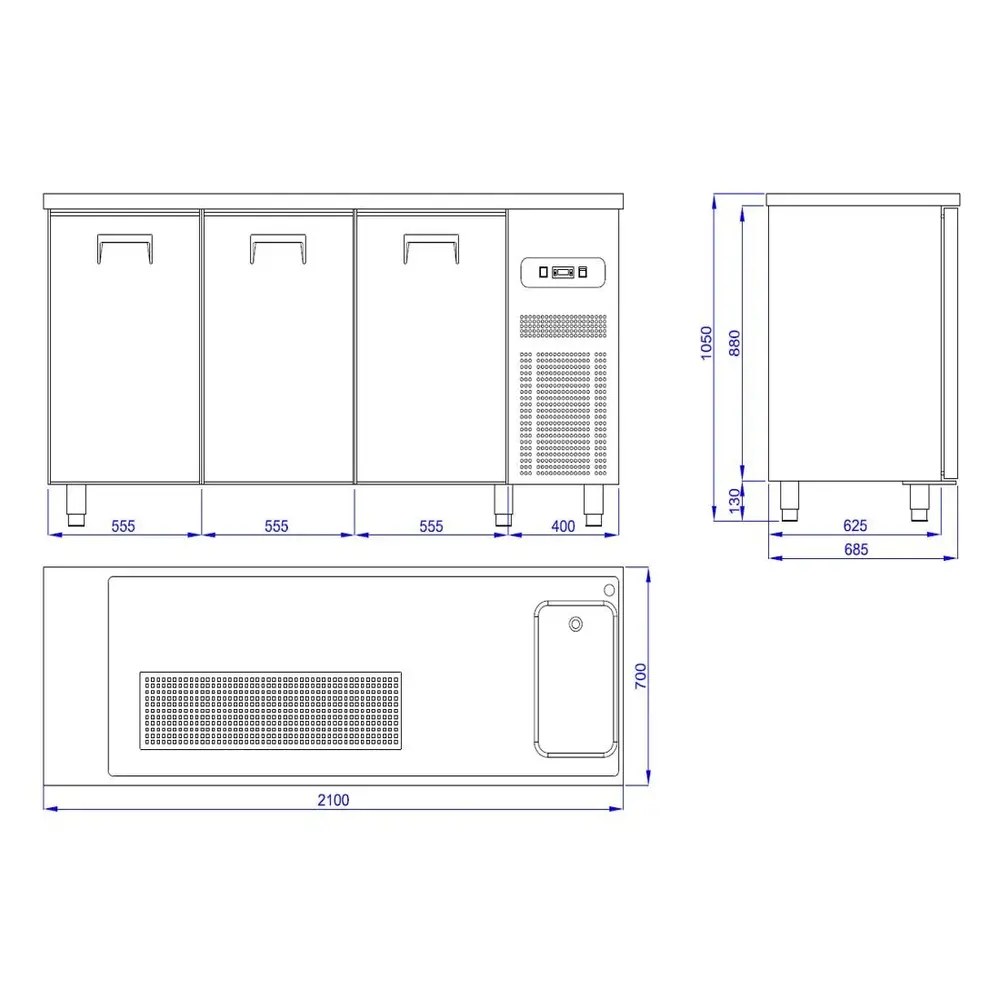 Combisteel Vatenkoeler | Pro Line | Rvs | 3 Deuren | -2°c/+8°c | Geforceerd | Spoelbak (rechts) | 2100x700x950(h)mm