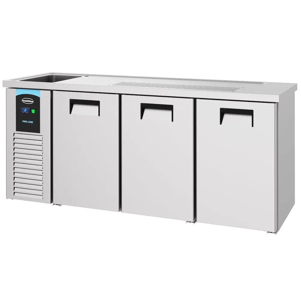 Combisteel Vatenkoeler | Pro Line | Rvs | 3 Deuren | -2°c/+8°c | Geforceerd | Spoelbak (links) | 2100x700x950(h)mm