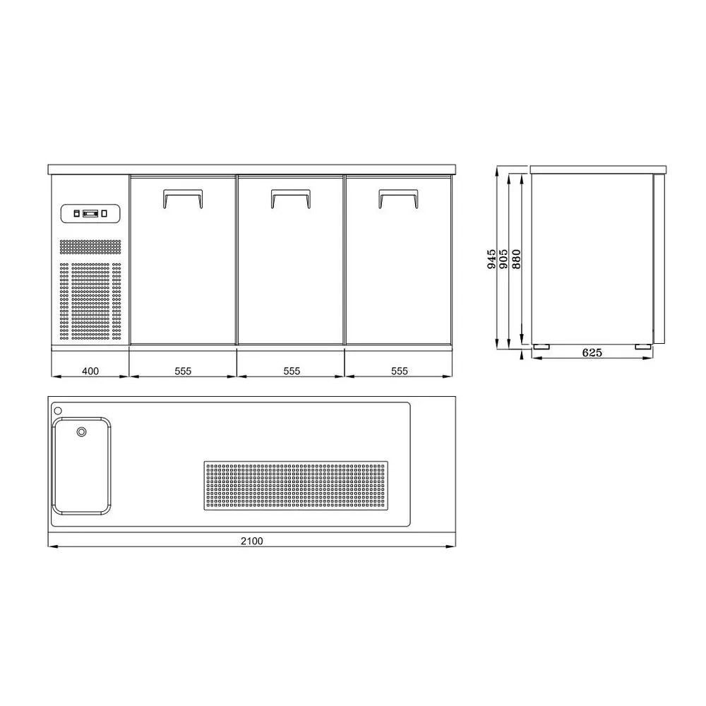 Combisteel Vatenkoeler | Pro Line | Rvs | 3 Deuren | -2°c/+8°c | Geforceerd | Spoelbak (links) | 2100x700x950(h)mm