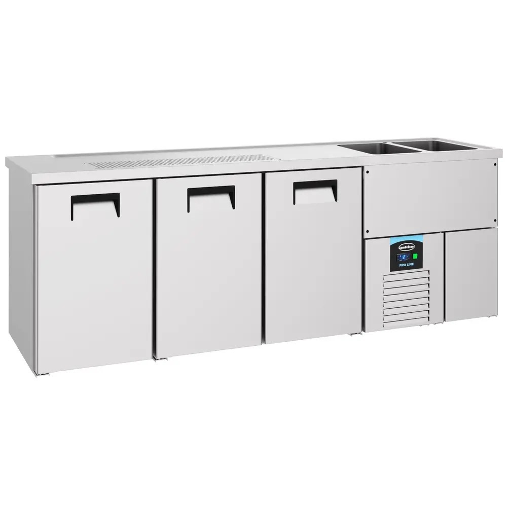 Combisteel Vatenkoeler | Pro Line | Rvs | 3 Deuren | -2°c/+8°c | Geforceerd | 2 Spoelbakken (rechts) | 2500x700x950(h)mm