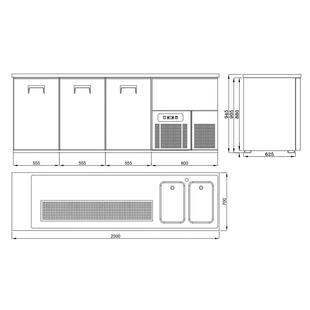 Combisteel Vatenkoeler | Pro Line | Rvs | 3 Deuren | -2°c/+8°c | Geforceerd | 2 Spoelbakken (rechts) | 2500x700x950(h)mm