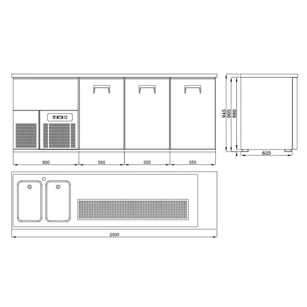 Combisteel Vatenkoeler | Pro Line | Rvs | 3 Deuren | -2°c/+8°c | Geforceerd | 2 Spoelbakken (links) | 2500x700x950(h)mm