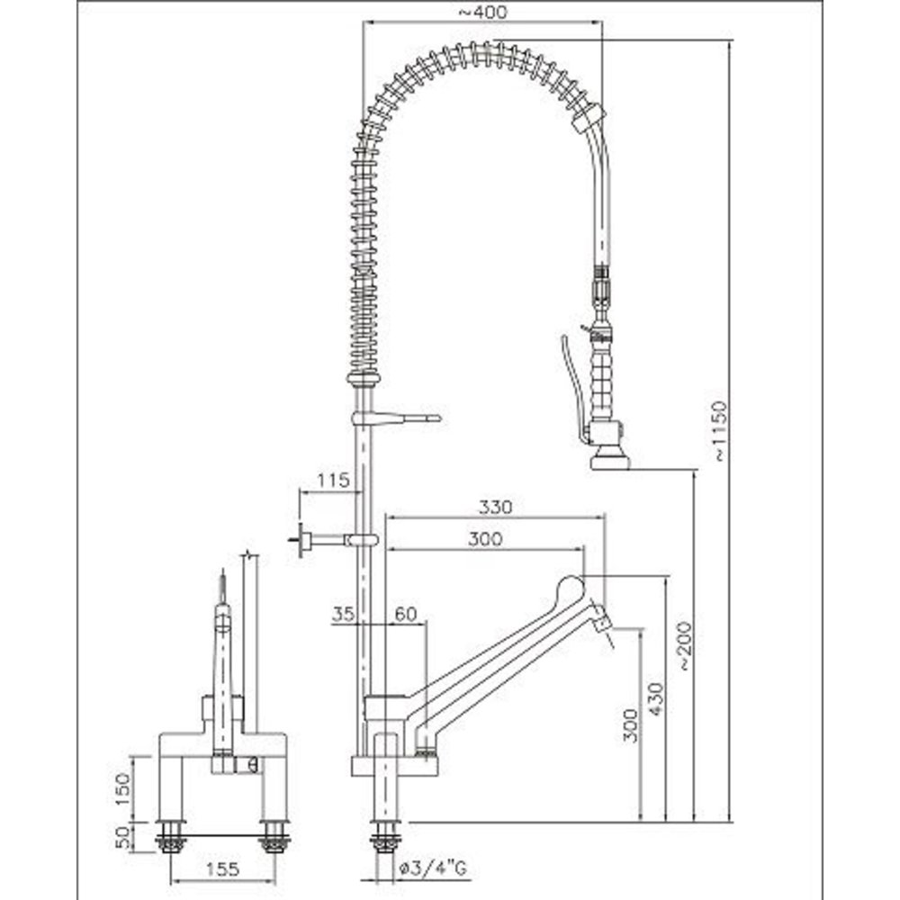 Combisteel Voorspoeldouche | Elleboogbediening | Rvs | Flexibele Hals | 400x1150(h)mm