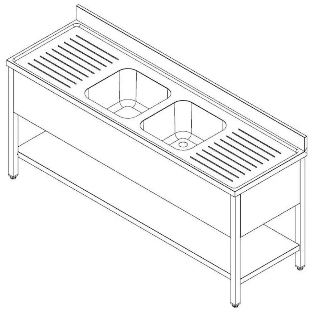Combisteel Spoeltafel | Prime | Rvs | 2 Spoelbakken (midden) + Afdruipvlak | Bodemschap | Achteropstand | Zelfmontage | 2000x700x850(h)mm