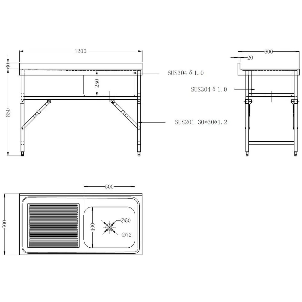 Combisteel Inklapbare Spoeltafel | Rvs | 1 Spoelbak (rechts) + Afdruipvlak | Achteropstand | 1200x600x850/910(h)mm